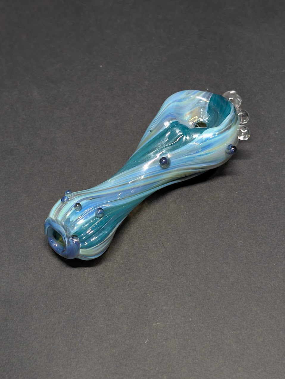 Handmade Glass | Blue & White Swirl Spoon with Dot Marble Accents | One-Of-One | Disasterpiece Glass