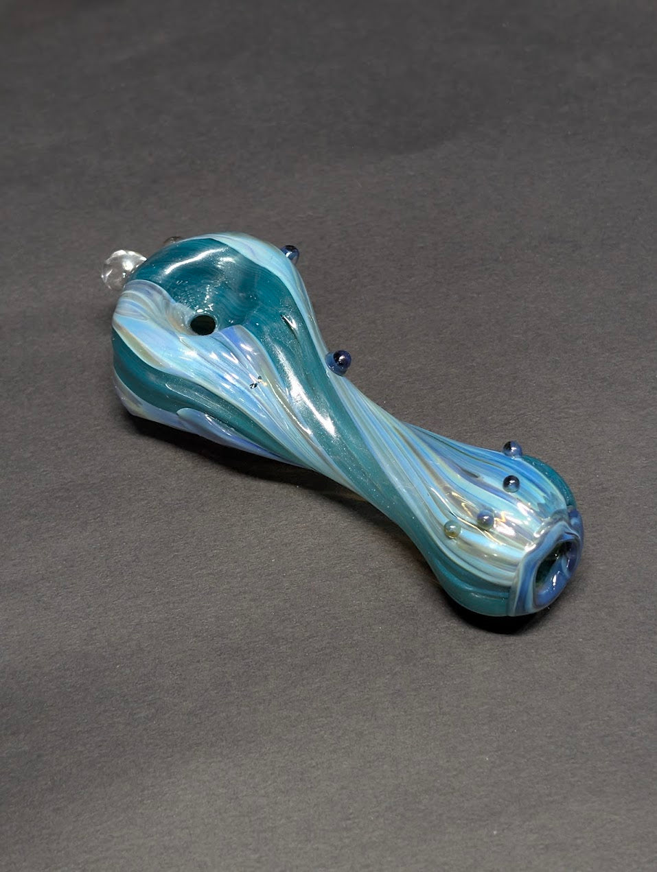 Handmade Glass | Blue & White Swirl Spoon with Dot Marble Accents | One-Of-One | Disasterpiece Glass