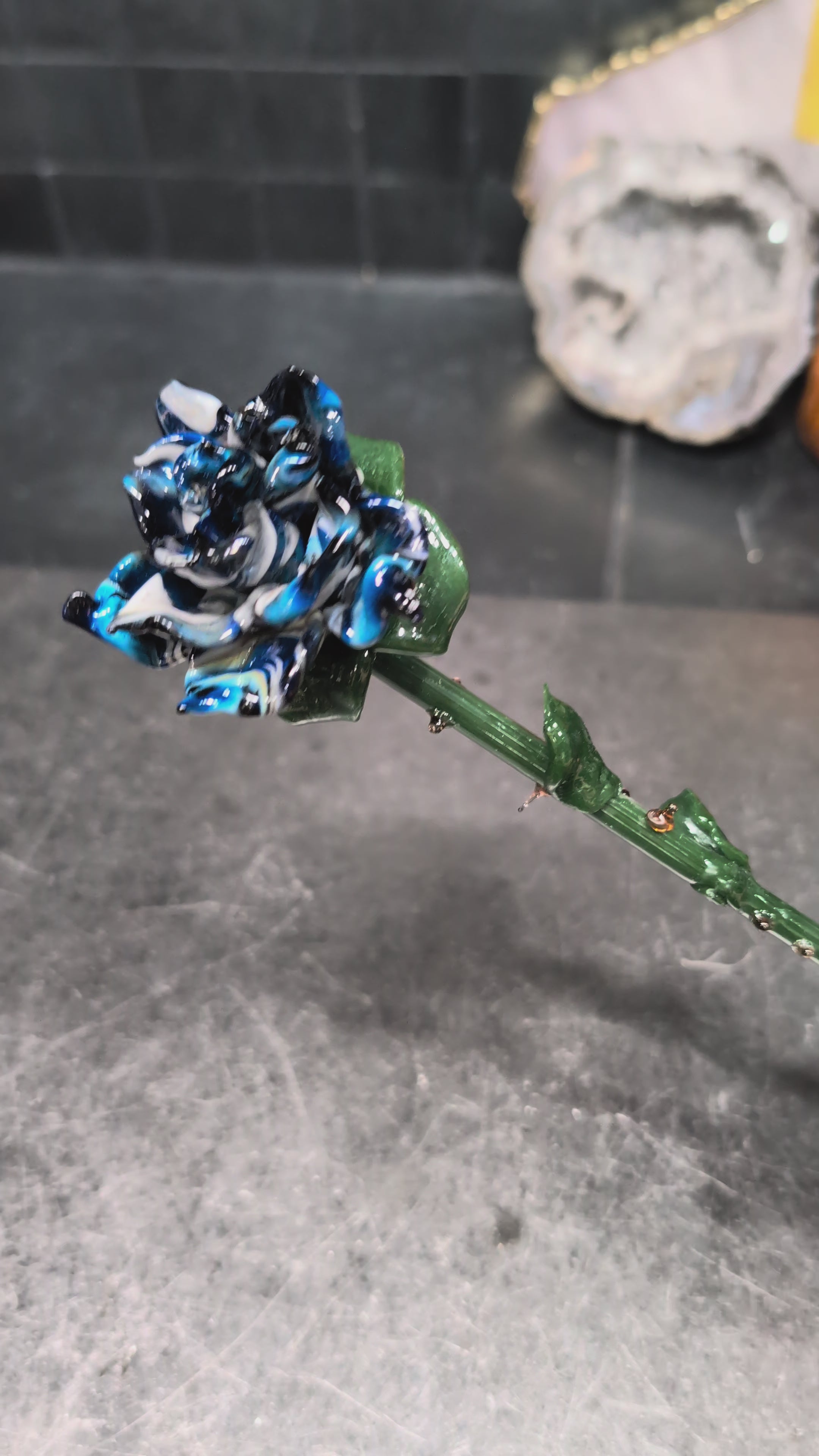Glass Rose | Eternal Bloom Collection | Handmade Marbled Blue Glass Rose | One-of-a-Kind | Disasterpiece Glass