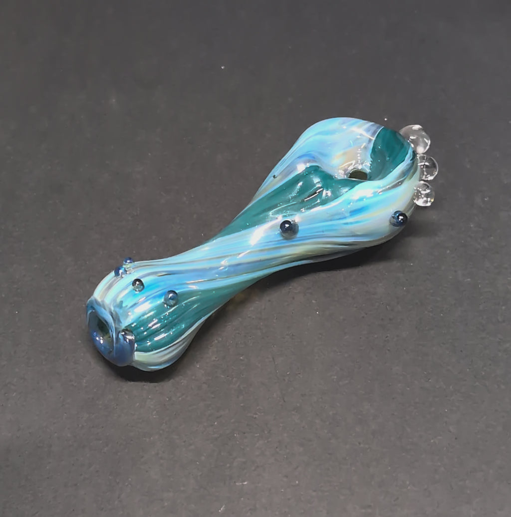 Handmade Glass | Blue & White Swirl Spoon with Dot Marble Accents | One-Of-One | Disasterpiece Glass